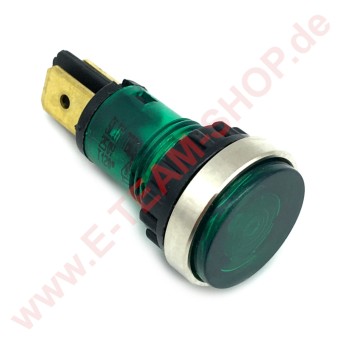 Kontrolllampe 230V grün, Kopf Ø 18mm für Bohrung Ø 12-13mm Anschluss Flachstecker 6,3mm 
