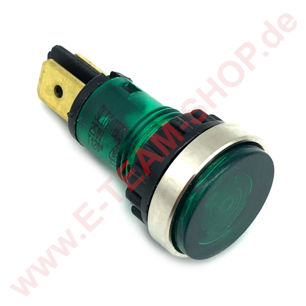 Kontrolllampe 230V grün, Kopf Ø 18mm für Bohrung Ø 12-13mm Anschluss  Flachstecker 6,3mm